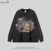 Mens Vintage Americana Graphic Print Oversized Cotton Long Sleeve Tee - Washed Soft Distressed Style