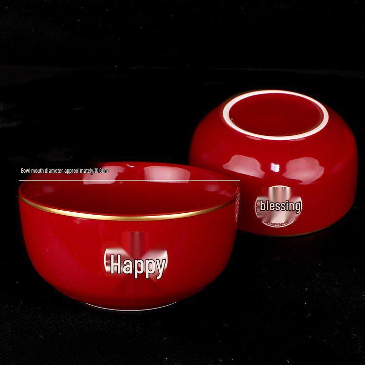 Red Double Happiness Wedding Dowry Ceramic Bowl Set - Pair of Carved Bowls