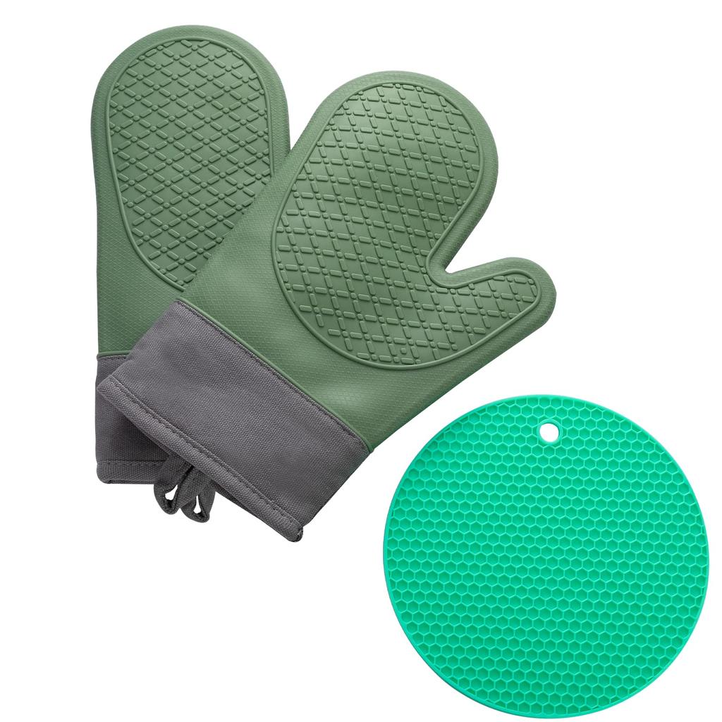 Senteria Heat-Resistant Mitts, Pot Holders, and Oven Gloves, 300°C Heat Resistant, Green, Silicone, Anti-Slip, Durable, Stylish Kitchen Gloves for