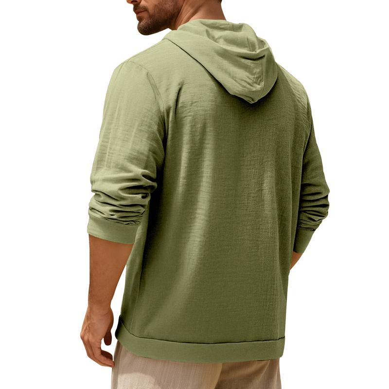 Men's Linen Shirt Solid Streetwear Long Sleeve Hoodie Cardigan Clothing for Men Button Tops Casual Loose Men Hooded Shirt