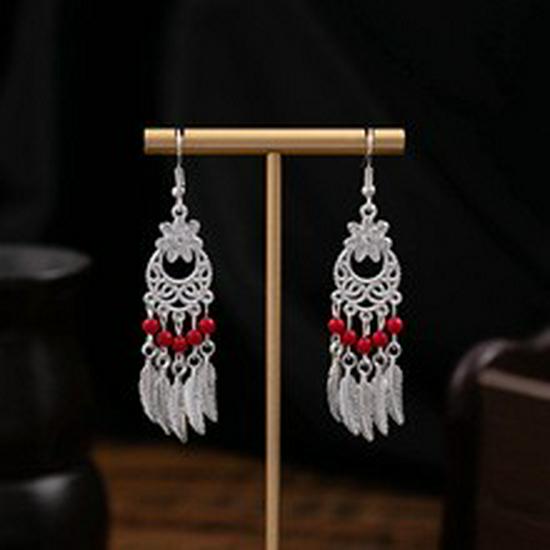 Boho Kolorowe Kolczyki Wiszące z Piórami i Chwostami - Etniczny Styl Srebrny Wzór Miao
