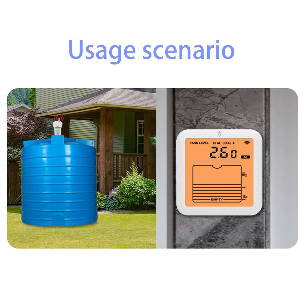 Smart Water Level Sensor Ultrasonic Meter for Flooding Leak Monitoring with High Low Alarm IP65 Waterproof for Home