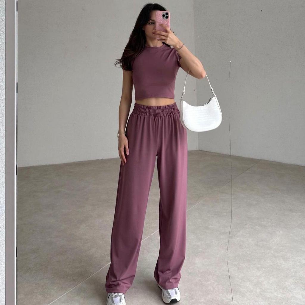 2024 Summer European & American Solid Color Crop Top and Wide-Leg Pants Set