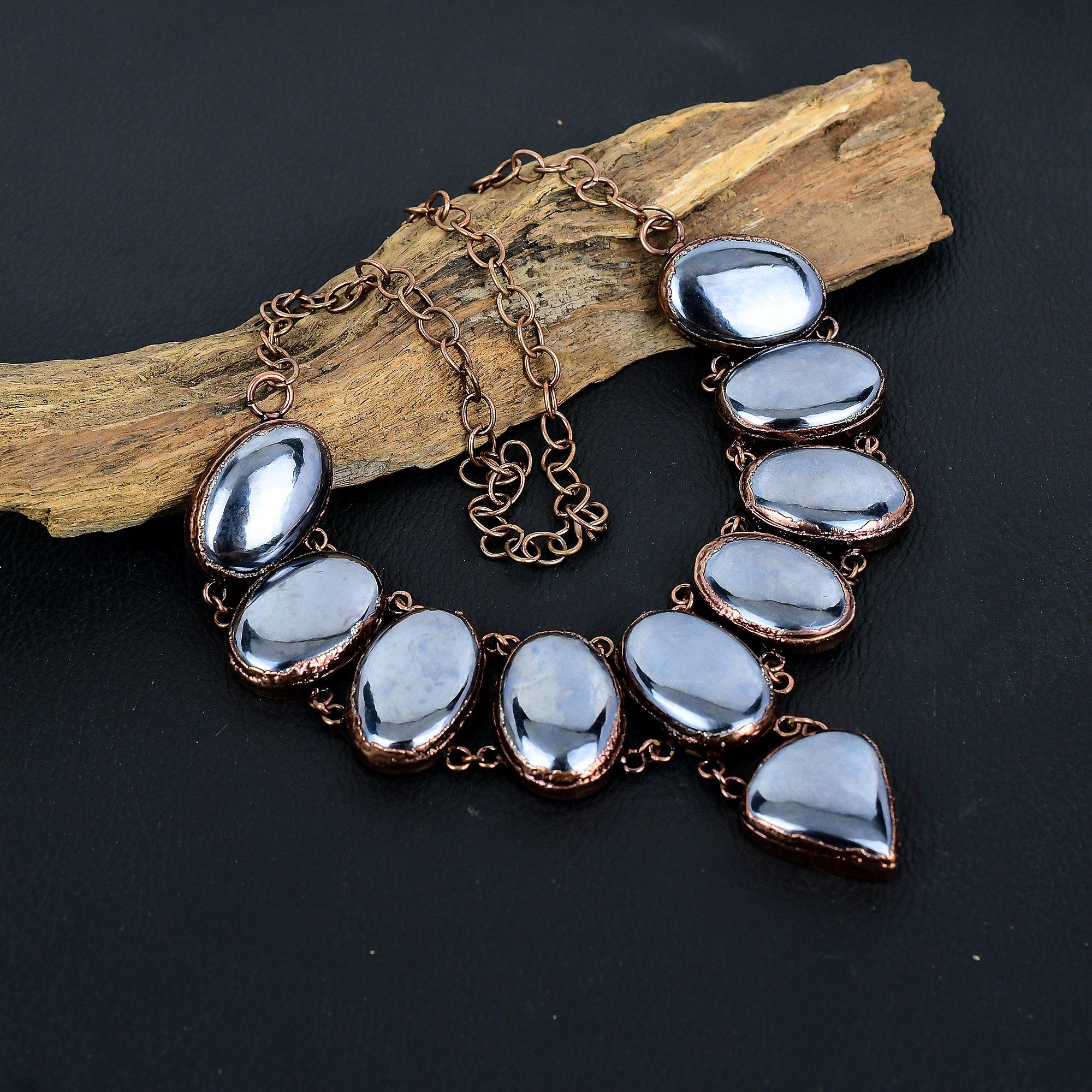 

Ожерелье из шунгита, гальванизированное медью, ручной работы, дизайнерское ожерелье, ювелирное изделие, ожерелье с регулируемой цепочкой, подарок для женщин