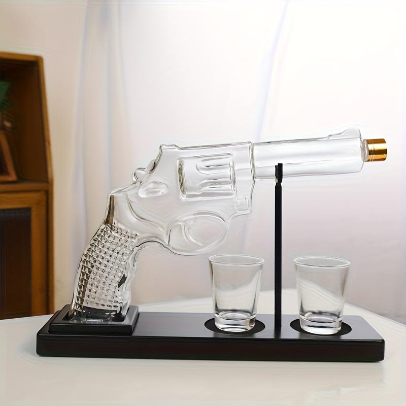 4Pcs (1pcs spirit bottle + 2pcs cups + 1pcs bottle rack) pistol shaped glass bottle set, ideal anniversary gift for men, whiskey glass set.