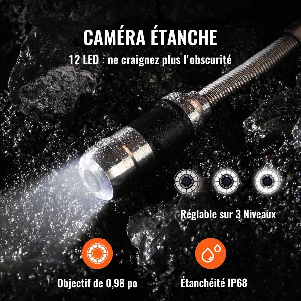 Câmera de Esgoto Câmera de Inspeção de Tubulação Tela de 7 polegadas Câmera 1000TVL Câmera de Inspeção de Tubulação de 100 pés com Função DVR, Câmera Impermeável IP68 c/12
