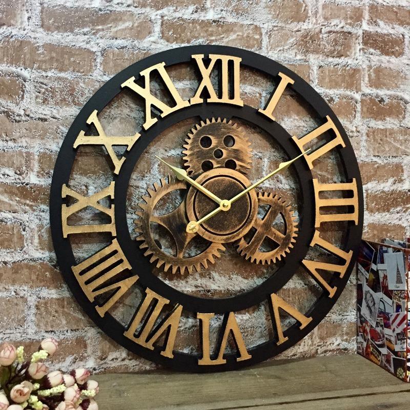 Gear Wall Clock Retro Wooden Living Room Wall Watch Art Design Bedroom Decorative Clocks Creative Large Round Silent Clocks