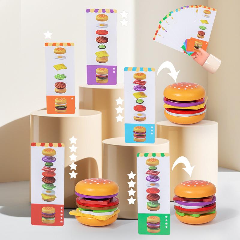 1pc Wooden Hamburger Pretend Play Stacking Game Food Theme Matching Toy with Pattern Cards Suitable for Children Ages 3+