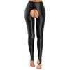 Damen Glänzende Open-Crotch Steg-Leggings Dehnbar Glatt Mittlere Taille Elastischer Bund Skinny Hosen