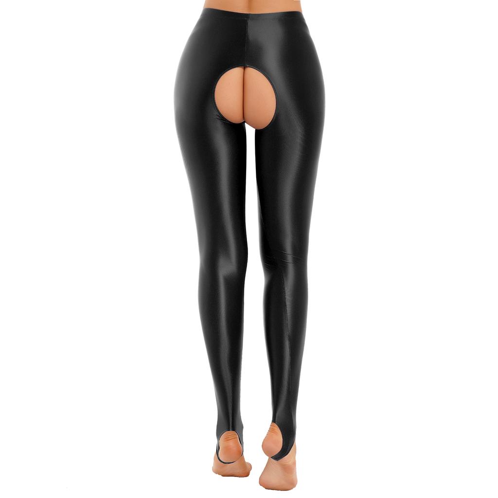Damen Glänzende Open-Crotch Steg-Leggings Dehnbar Glatt Mittlere Taille Elastischer Bund Skinny Hosen