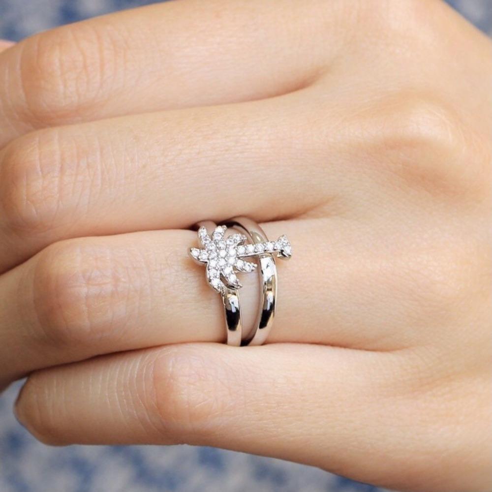 Fashion Coconut Tree Zircon Ring Femininity Simple Forked Ring Japan and Korea Diamond Tail Ring Creative Jewelry