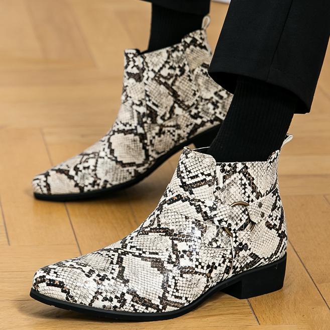 Fashion New Men's Pointed Rock Punk Snake Skin Leather Casual Chelsea Ankle Boot Male Winter High Tops  Shoes Zapatos Hombre