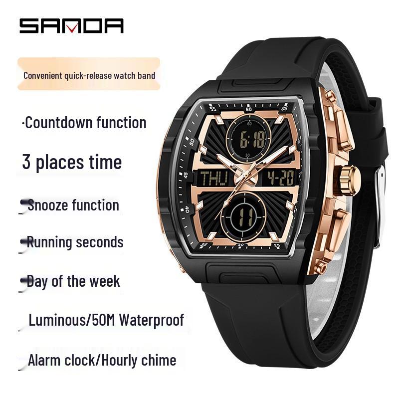 SANDA Men s Luminous Sports Barrel-shaped Waterproof Multi-functional Timepiece