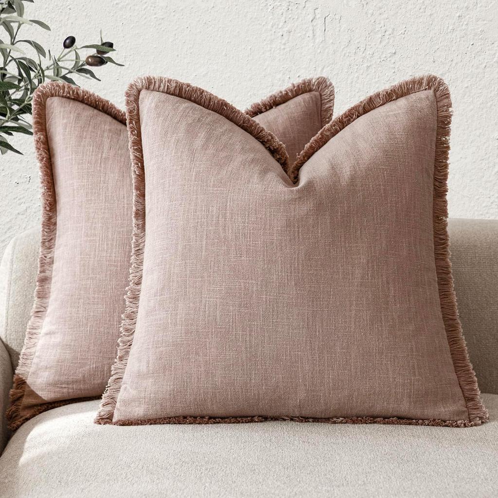 Fundas de Cojín Decorativas de Lino Verde Oliva con Flecos Estilo Boho Granja con Borlas Funda de Cojín para Sofá Sala de Estar 18×18 Pulgadas