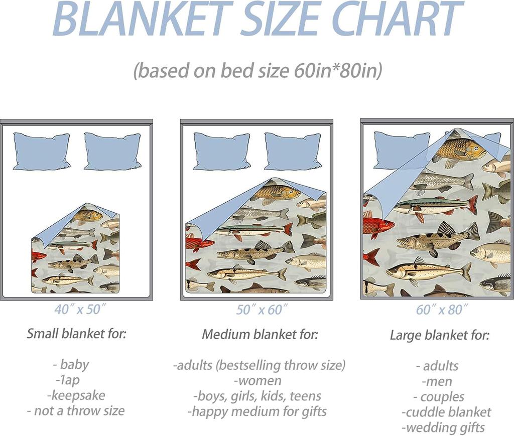 Vintage Fishery Hand Painting Different River Fish Art Print Flannel Blanket Soft Throw Couch Camping Travel Indoor Home Decor