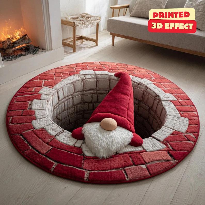 3D Illusion Santa Gnome Red Green White Carpet Non-slip Mat Rug for Christmas Tree Living Room Home Decoration 3D Effect Bedroom