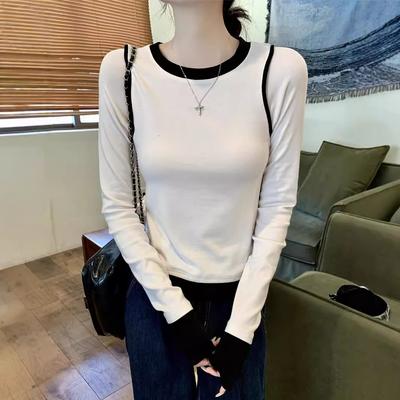 Two-piece Long-sleeved T-shirt for Women's Bottom Shirt for Design, New Spring Contrasting Color Age-reducing Top