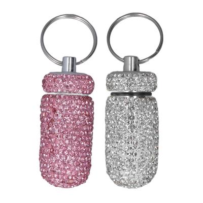 Rhinestone Kapsül Saklama Kutusu Konteyner Anahtarlık Alüminyum Alaşımlı Taşınabilir İlaç Şişesi Kutusu