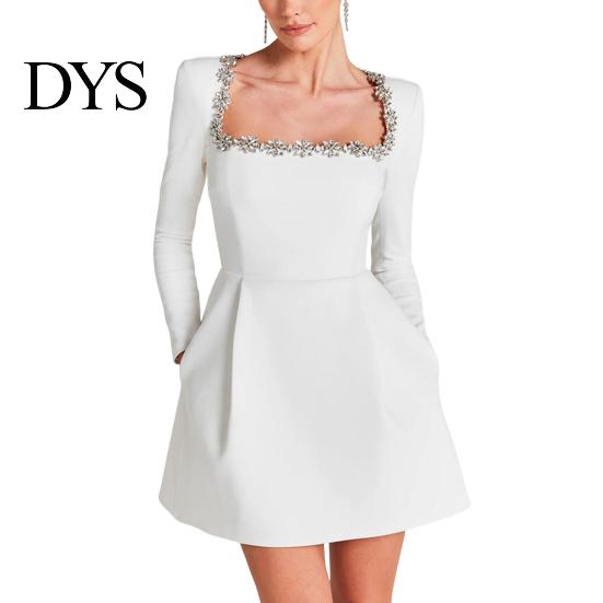 Long Sleeve Mini Dress Women Square Collar Beaded Flower Decor Formal Short High Waist Above Knee Length