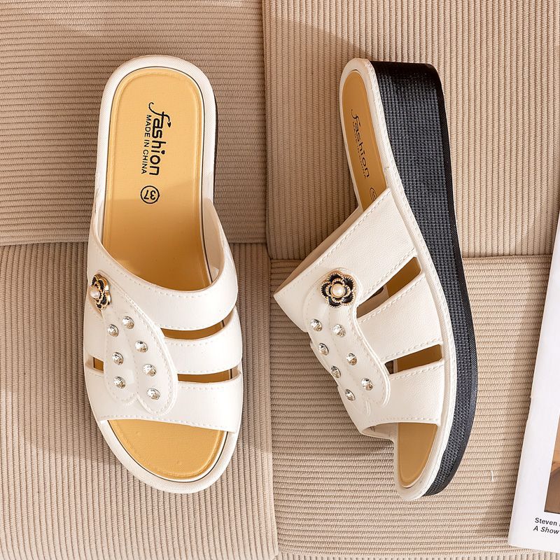 High heel women's drag summer new wedge heel thick bottom hollow women's drag non-slip fashion slippers