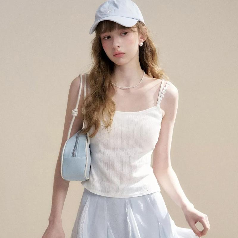 Womens Lace Strap Ribbed Knit Cami Top S бежевый