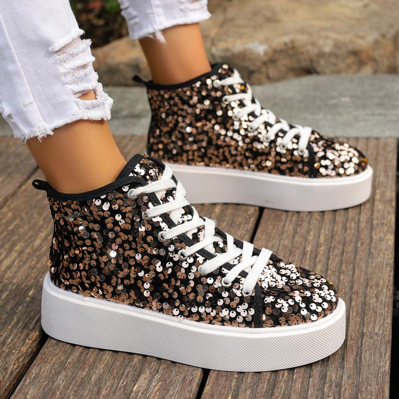 Fashion Luxury Sequined Thick Bottom Skate Shoes Women 2025 Autumn Round Toe Lace Up Casual Shoes Comfort Soft Sole Non Slip Sneakers