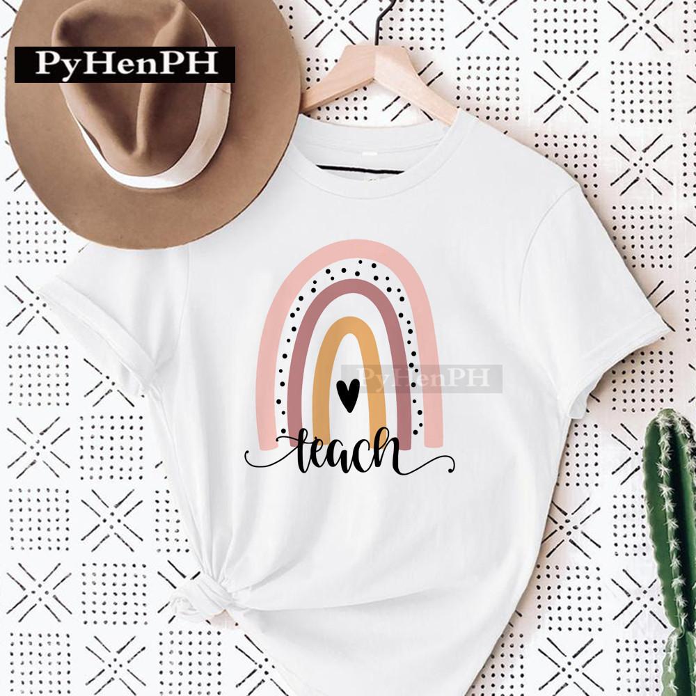 Womens Fashion Rainbow Teacher Graphic TShirt Loose Fit Casual round Neck Aesthetic Top Ins Style Modal fabric