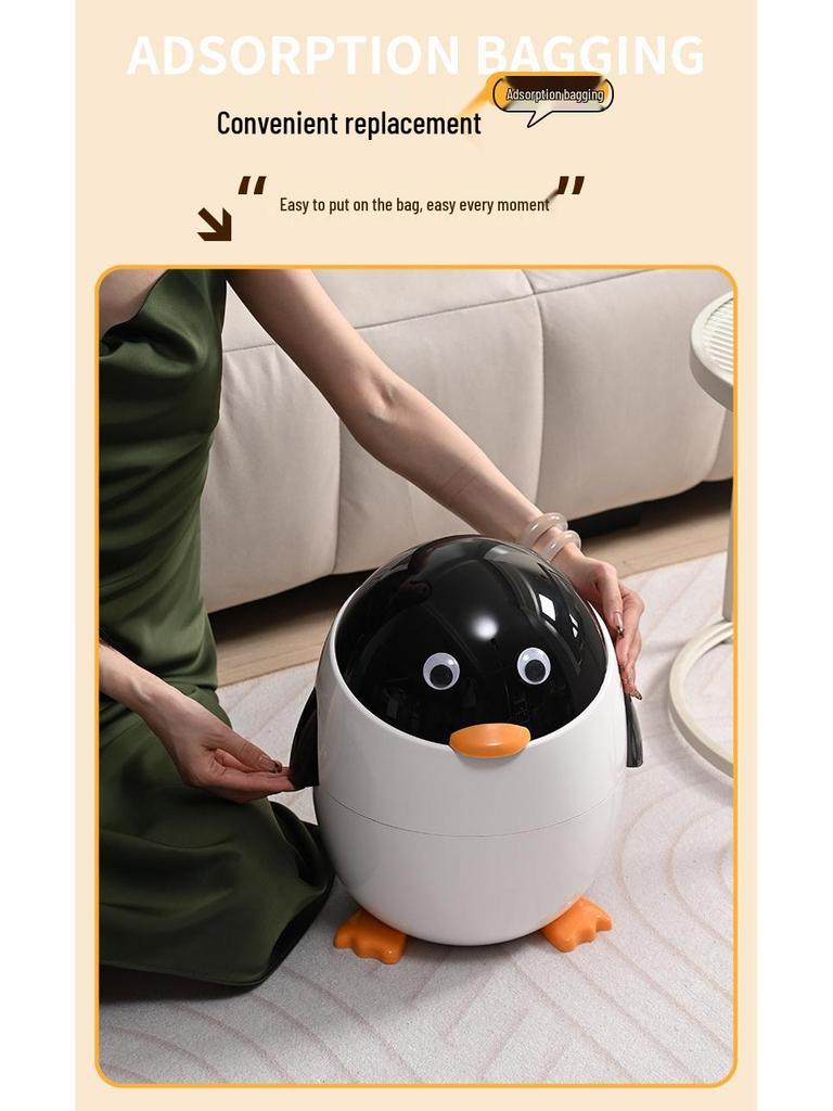 Cartoon Penguin Flip-Top Trash Can with Lid - Cute Style for Living Room or Bedroom