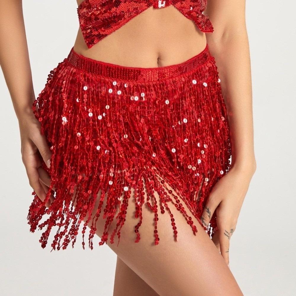 Sequins Belly Dance Waist Chain 4-Layer Tassel Hip Scarf Latin Dance Hula Short Skirt  Party