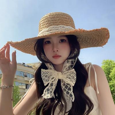 Damen Sommer Spitze Strohgewebter Hut Atmungsaktiver Sonnenschutzhut Strandurlaub Breiter Rand Sonnenhut