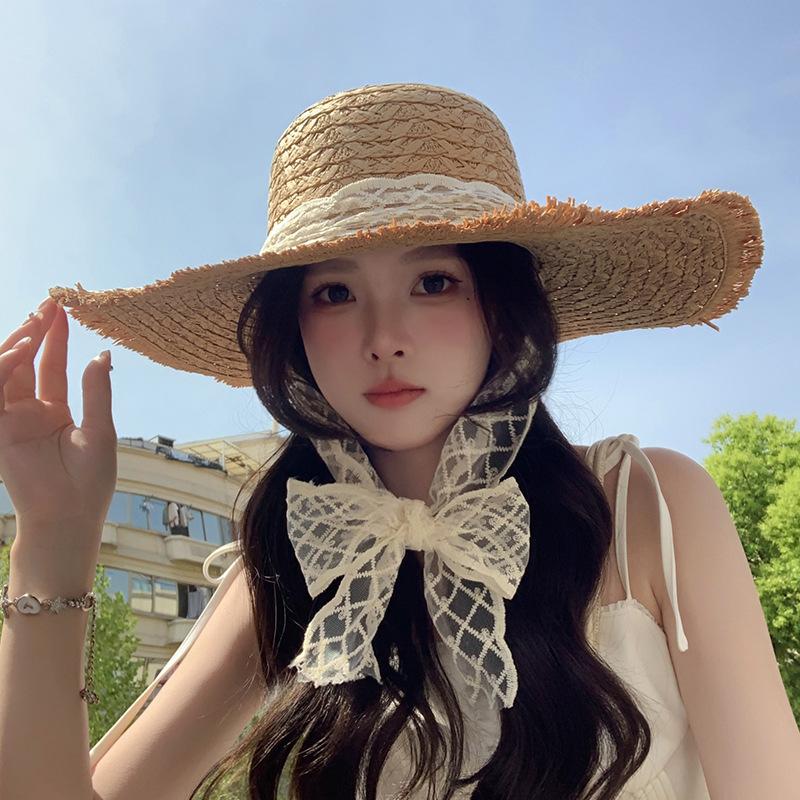 Women's Summer Lace Straw Woven Hat Breathable Sun Protection Hat Beach Vacation Wide Brim Sun Hat