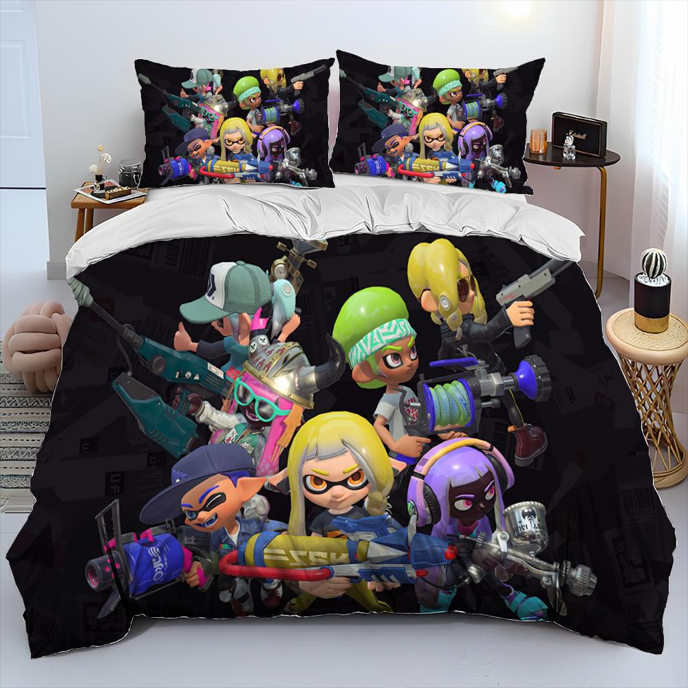 S-Splatoon Game Gamer Cartoon Comforter Bedding Set,Duvet Cover Bed Set Quilt Cover Pillowcase,King Queen Size Bedding Set Kids