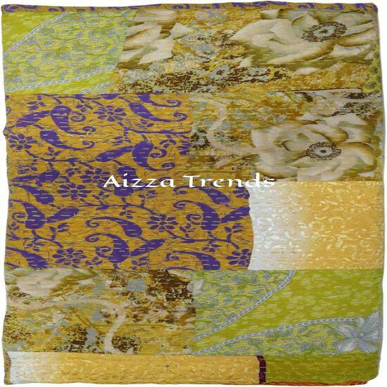 Aizza Trends Handmade Pure Cotton Patch and Patola Work Kantha Quilt - Traditional Indian Throw Blanket-Vintage Cotton Silk Saree Quilt