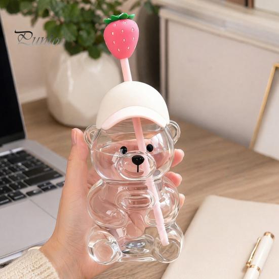 Set di Testa di Paglia Cartoon Orsetto Carino Tazza di Vetro con Coperchio, Bottiglia d'Acqua in Plastica/Vetro da 500/591ml per Grandi Capacità Bevande Fredde/Calde, Motivo Caffè