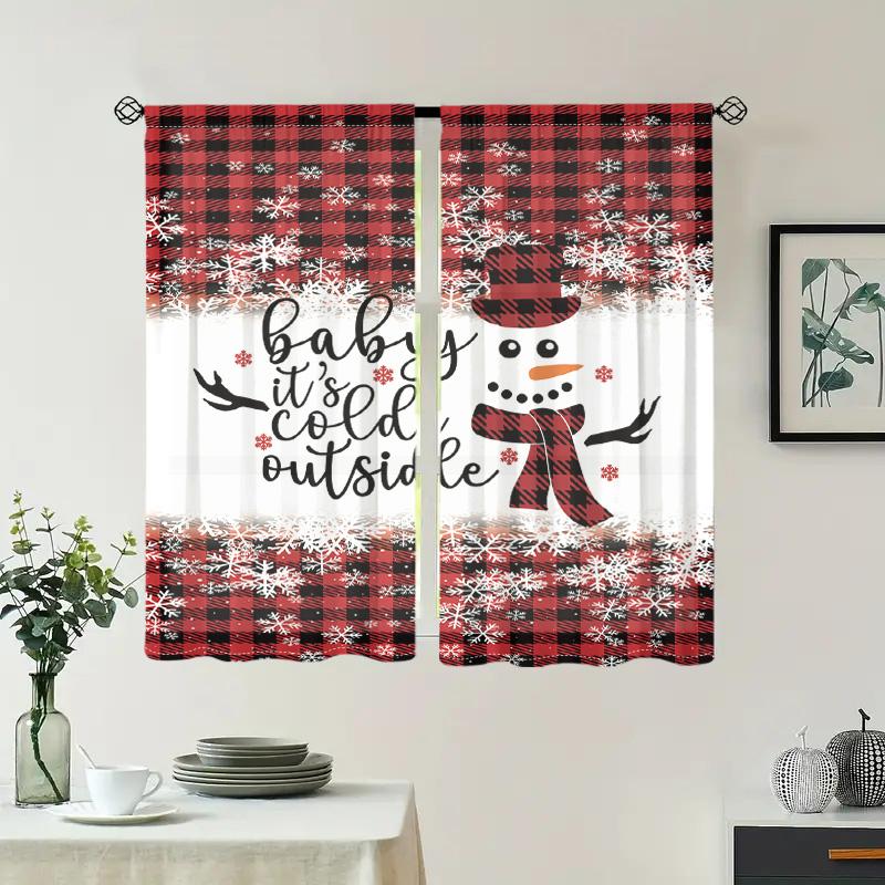 2 Pieces, Christmas Snowman Checkered Curtains -30% Blackout - Suitable for Living Room, Bedroom, Kitchen, Home Decoration