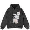 Streetwear Cat Perspective Graphic Side Pockets Pullover Unisex Oversized Washed Black Hoodie