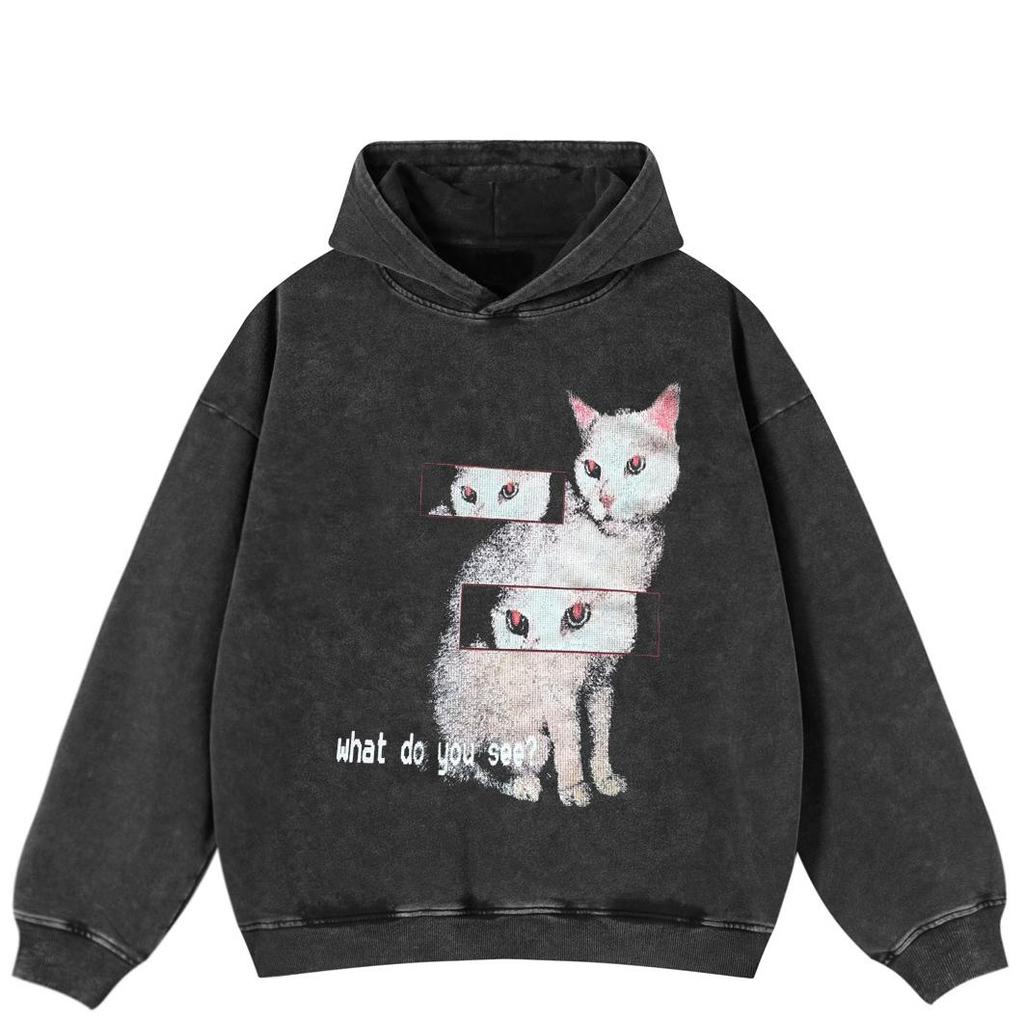 Streetwear Cat Perspective Graphic Side Pockets Pullover Unisex Oversized Washed Black Hoodie