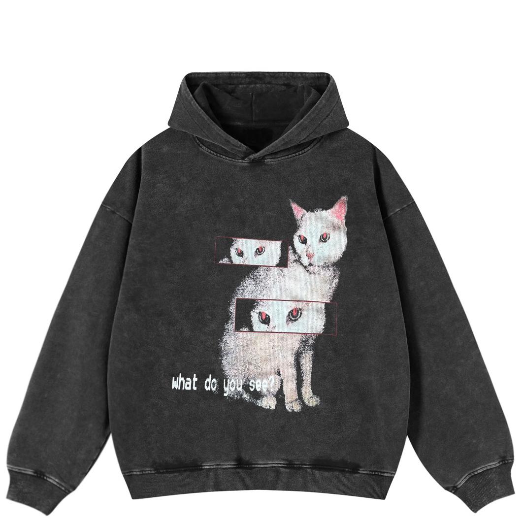 Streetwear Cat Perspective Graphic Side Pockets Pullover Unisex Oversized Washed Black Hoodie S
