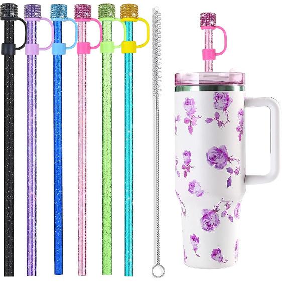 12 Pack Replacement Swirl Straws and Diamond Straw Cover for Stanley Tumbler Cups, with Cleaning Brush, Compatible with 40 oz Stanley Water Jug, 12