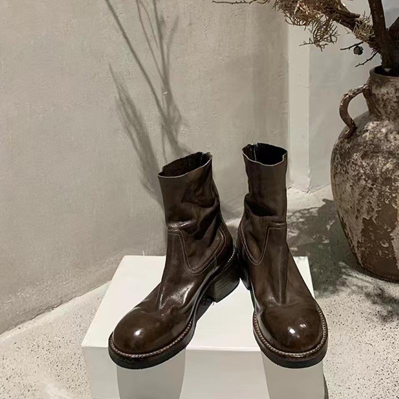 Grape mother autumn and winter new Martin boots retro thick heel rear zipper 6cm washed shrink horse leather short boots women