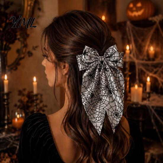Holiday Themed Hair Accessories for Women Halloween Bow Clip Girls, Spider Web Barrettes Chic Satin Bows with Streamers Clips, Large Bowknot