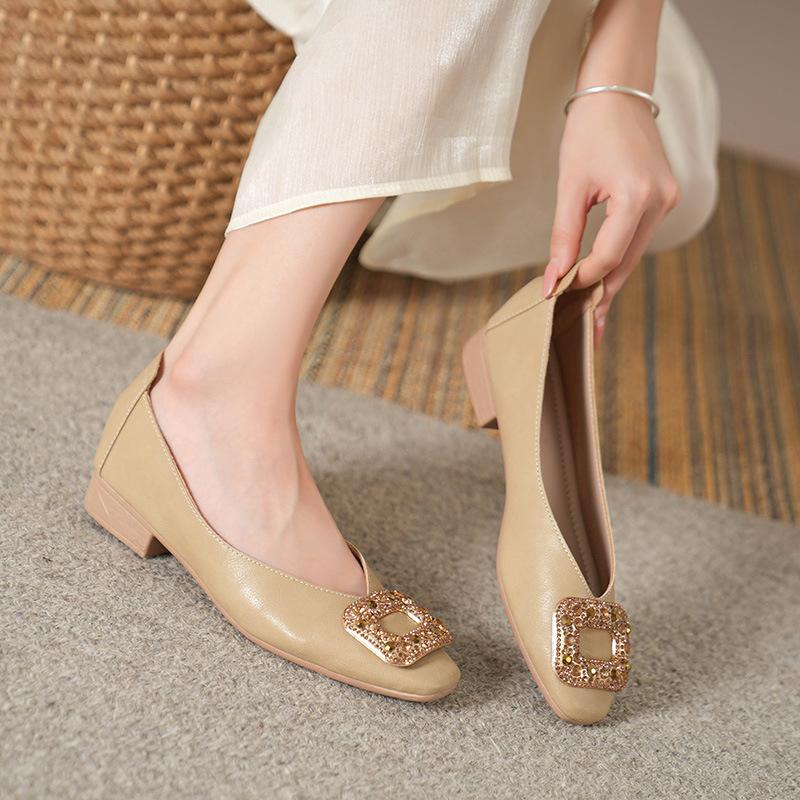 2025 neue Abendschuhe flach Strass eckige Spitze flacher Ausschnitt Frühling und Herbst Temperament Einzelne Schuhe schwarz Arbeit Damenschuhe