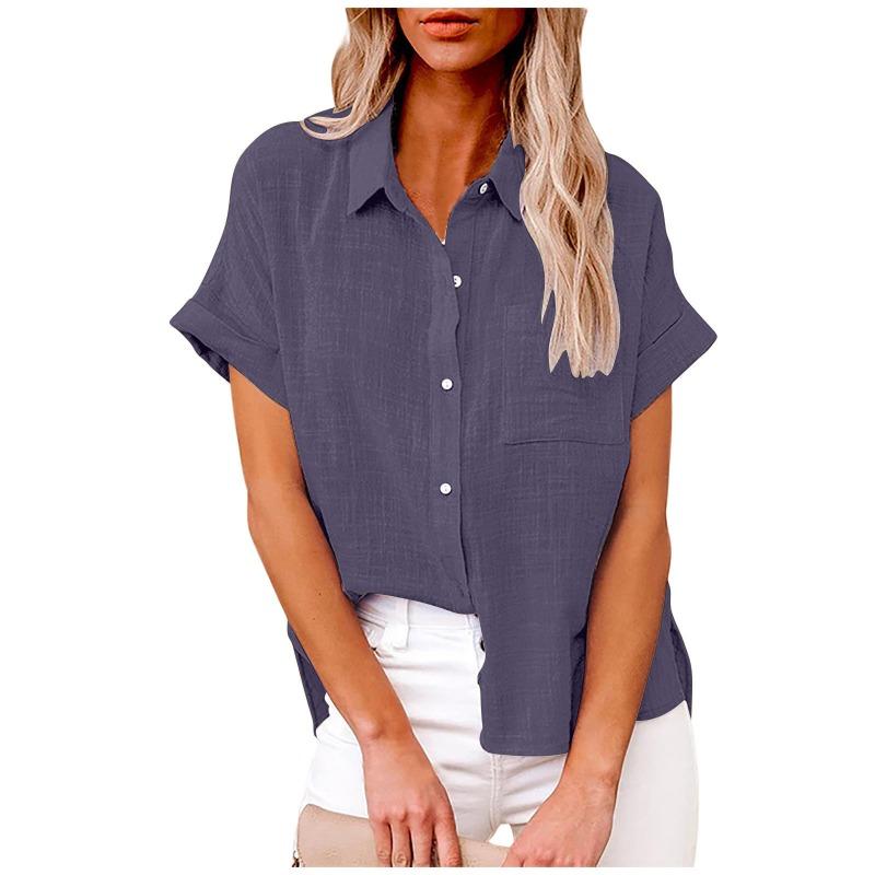 Fashion Short Sleeved Casual Women Summer Shirt Plus Size Elegant Lapel Casual Office Blouse Woman Loose Solid Color Women's Clothing