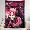 Y2K Gothic Anime Girl Tapestry, Pink Devil Lolita Doll Bunny Toy Lace Chain Aesthetic Wall Hanging, Dorm Bedroom Home Decor