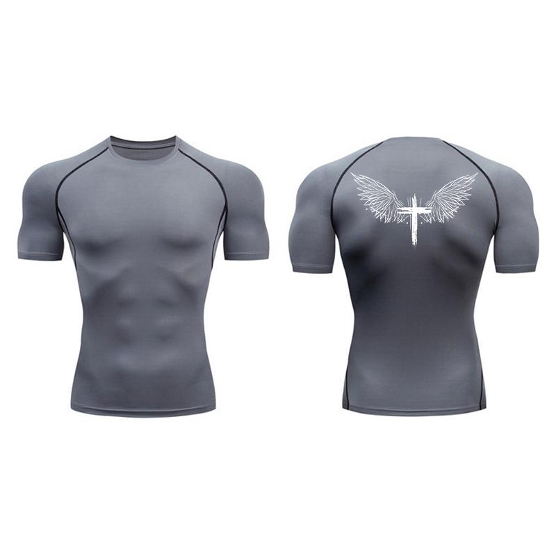 Cross Print Short Sleeve Compression Shirts for Men Athletic Quick Dry Tees Tshirt Gym Workout Running Undershirts Baselayers S