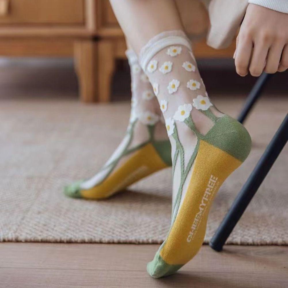 Sweet Floral Print Mid-calf Socks Ultra-Thin Crystal Silk Socks  Casual Wear