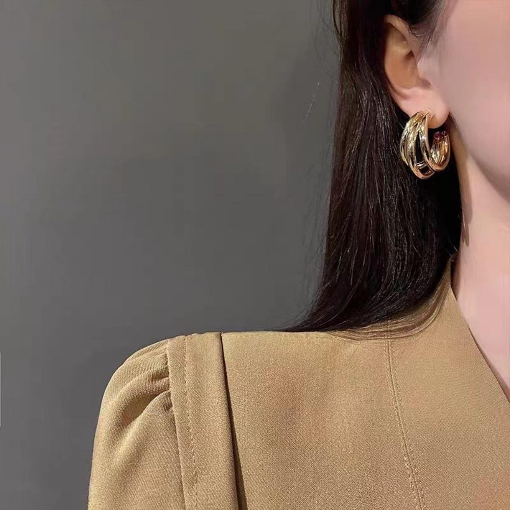 New Arrival Fashion Gold Color Metal Geometry Multi-layer Circle Dangle Earrings for Women Charm Design Korean Jewelry Accessory