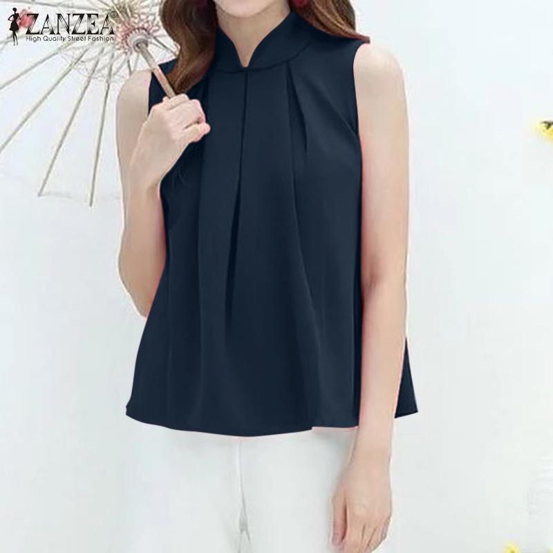 

ZANZEA Женские летние стойки воротник без рукавов свободные повседневные майки