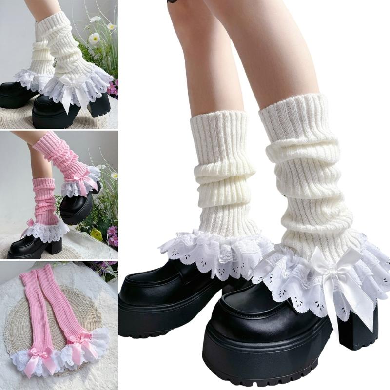 Mädchen Lolita Rüschen Flauschige Beinwärmer Gestrickte Beinärmel Goth Häkeln Knöchel Haufen Socken JK Uniform Fußabdeckungen
