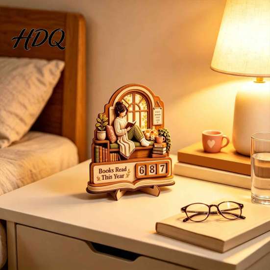 Decorative Wooden Stand for Bookshelf Book Read This Year Tracker 3D Layered Window Reading Decor Girl Count with Replaceable Number Lover